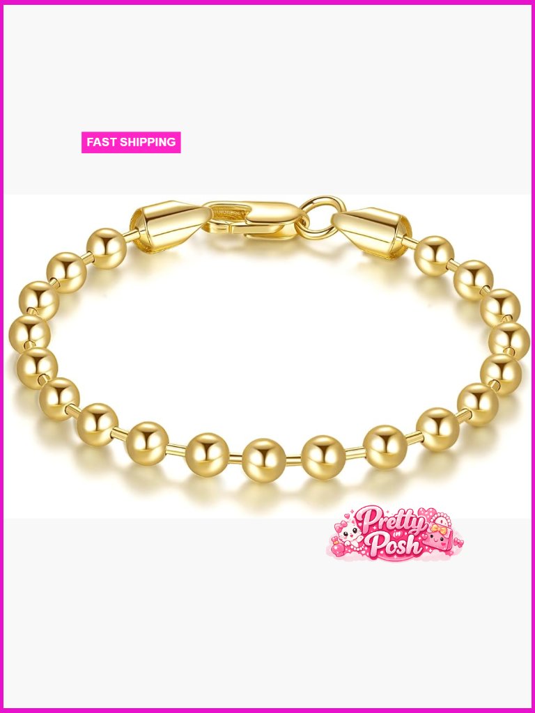 14k Gold Plated Bead Chain Bracelet, Lobster Claw Clasp, Dainty Link Bracelet
